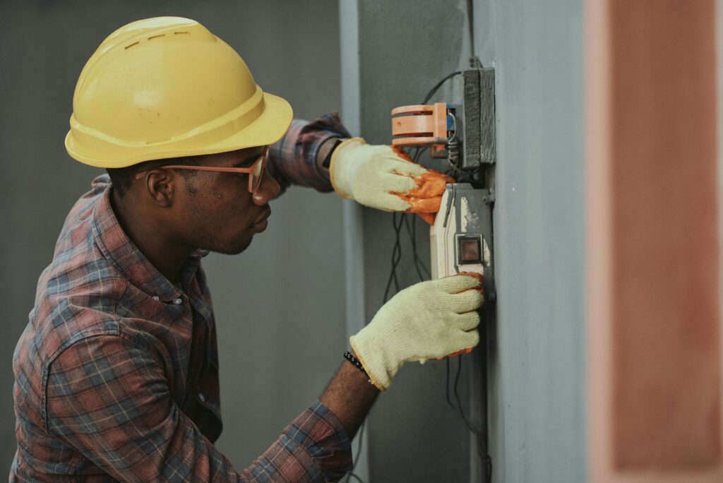 Service professional preparing equipment